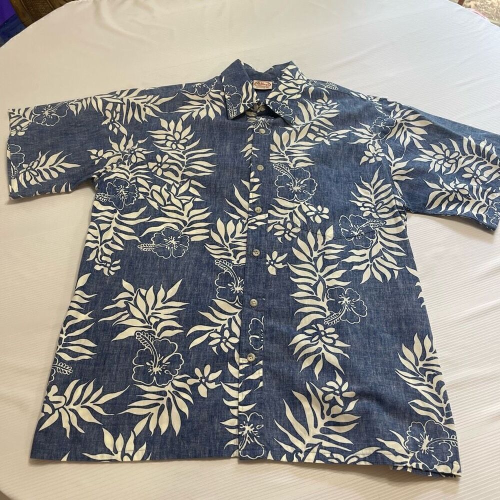 Go Barefoot Blue White Short Sleeve Hawaiian Button Up Shirt Size XL